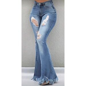 SHEIN Distressed Flared Fringe Hem Jeans